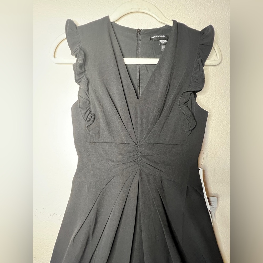 Maggy London Sleeveless Ruffled-Shoulders Midi Black Dress Size 2 - Picture 4 of 13